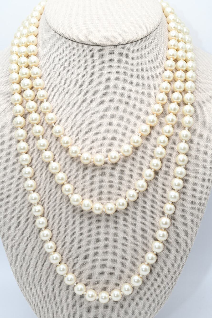 Vintage Glass Pearl Opera Necklace 60” Knotted Ivory 8mm Strand